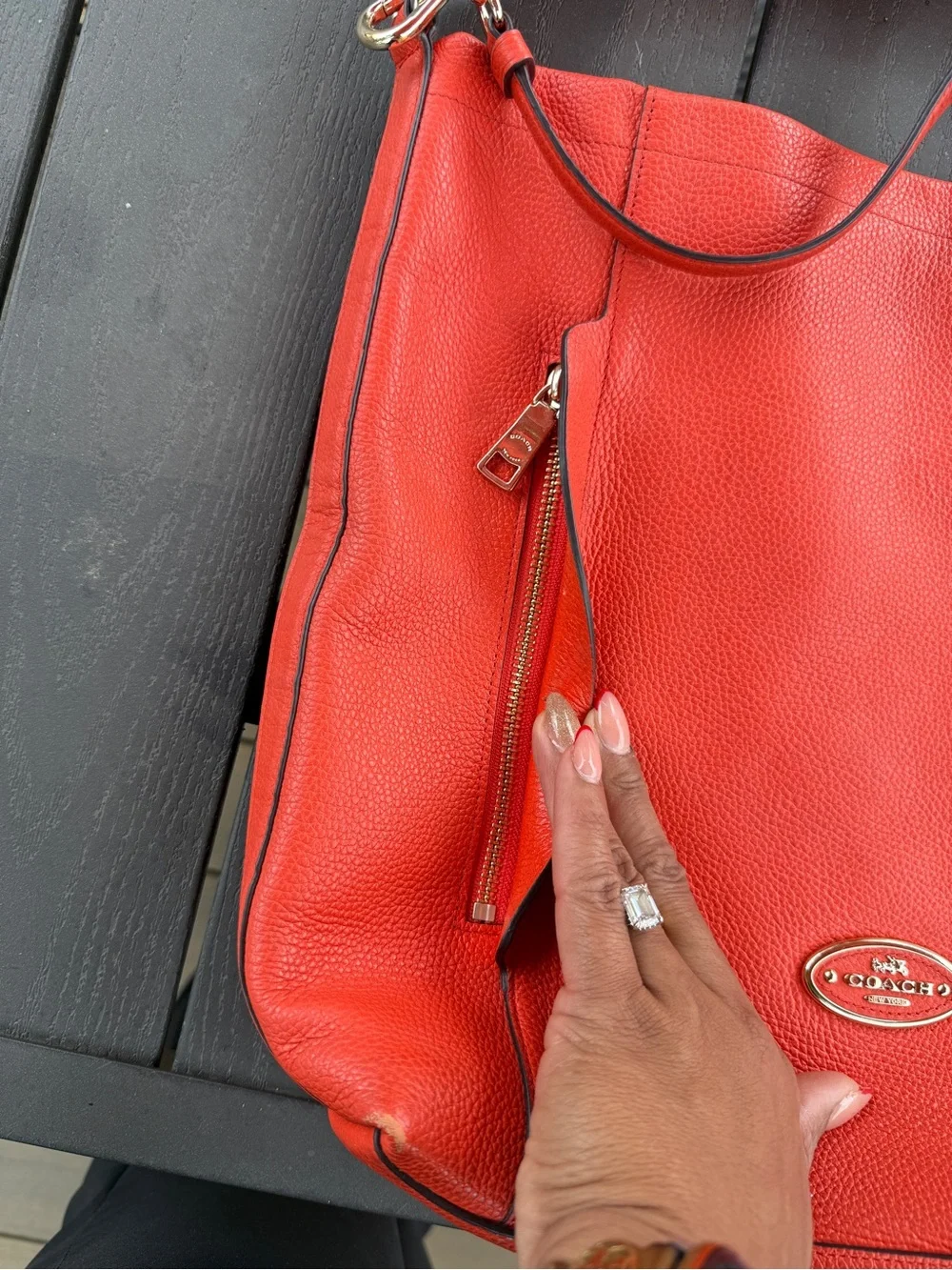 Large coach bag leather on orange color